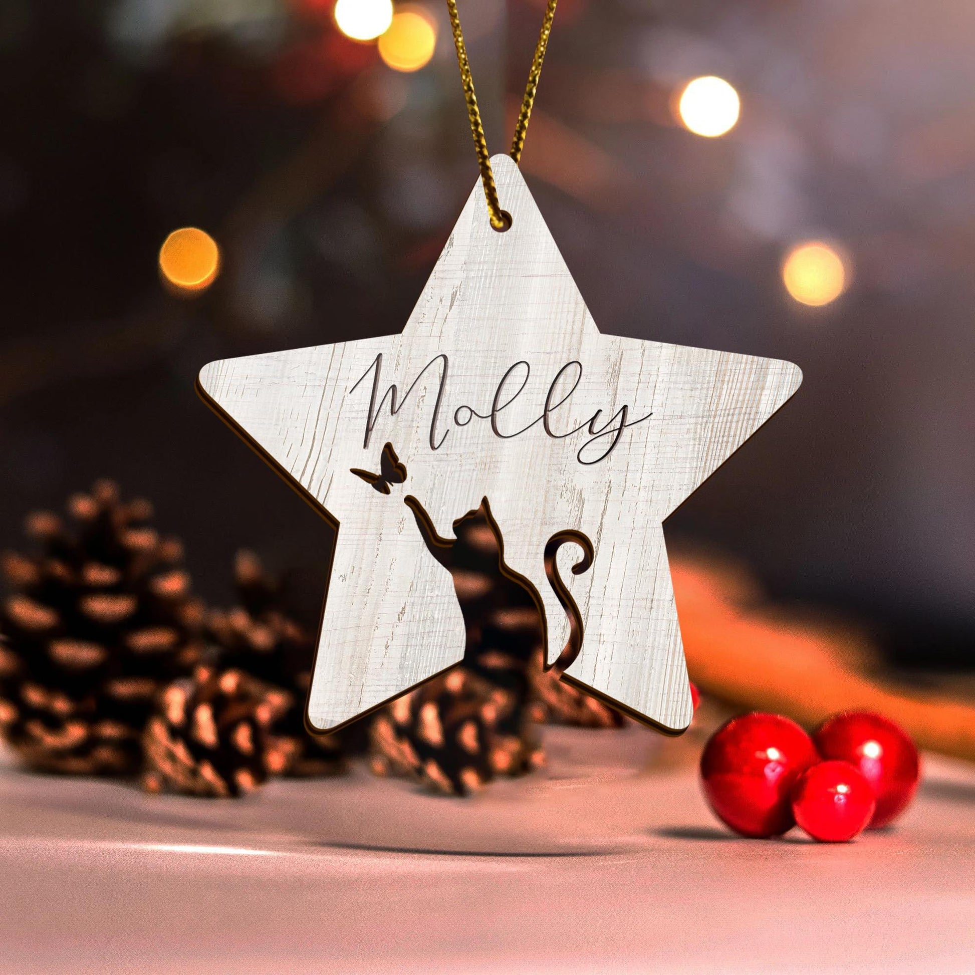 Personalized Cat Memorial Forever In Our Hearts Star Wooden Ornament