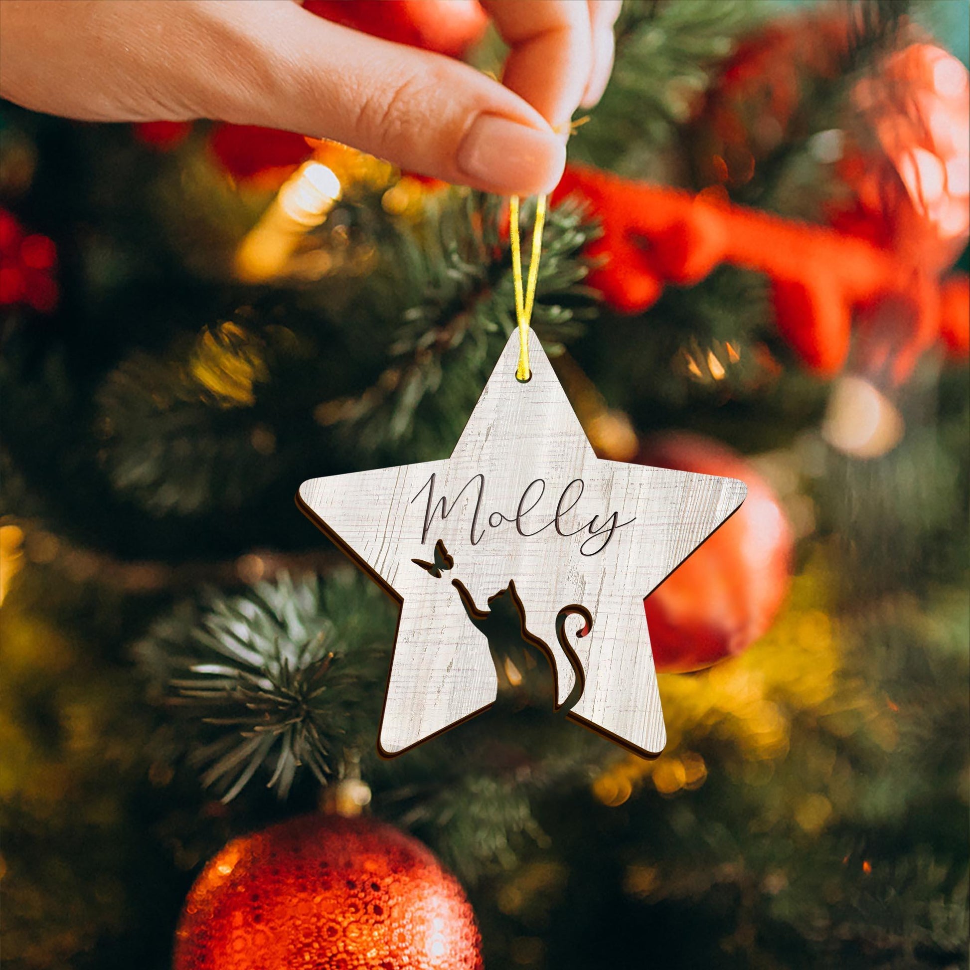 Personalized Cat Memorial Forever In Our Hearts Star Wooden Ornament