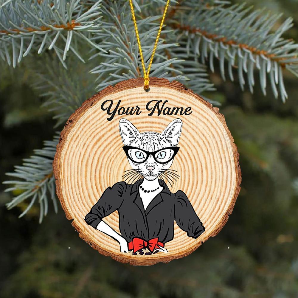 Personalized Cat Lady Hipster Funny Wooden Ornament