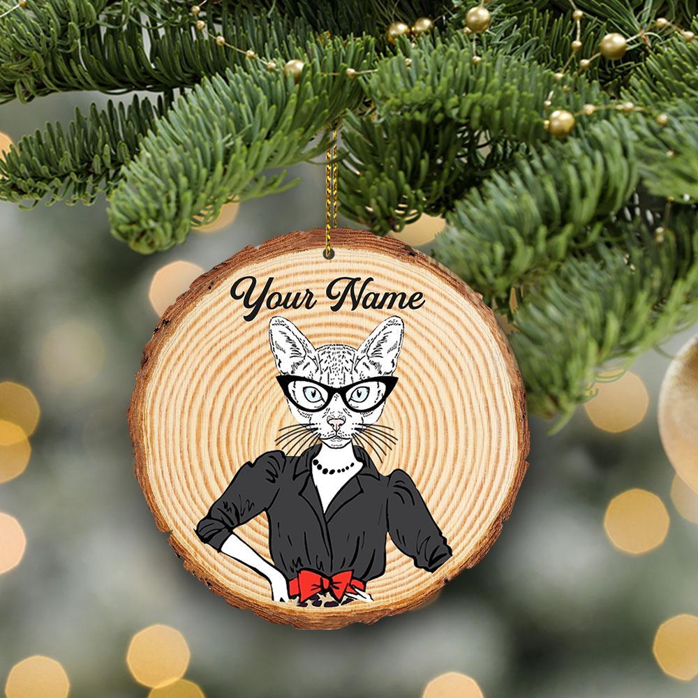 Personalized Cat Lady Hipster Funny Wooden Ornament