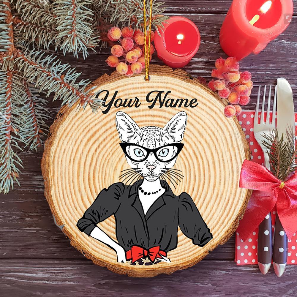 Personalized Cat Lady Hipster Funny Wooden Ornament