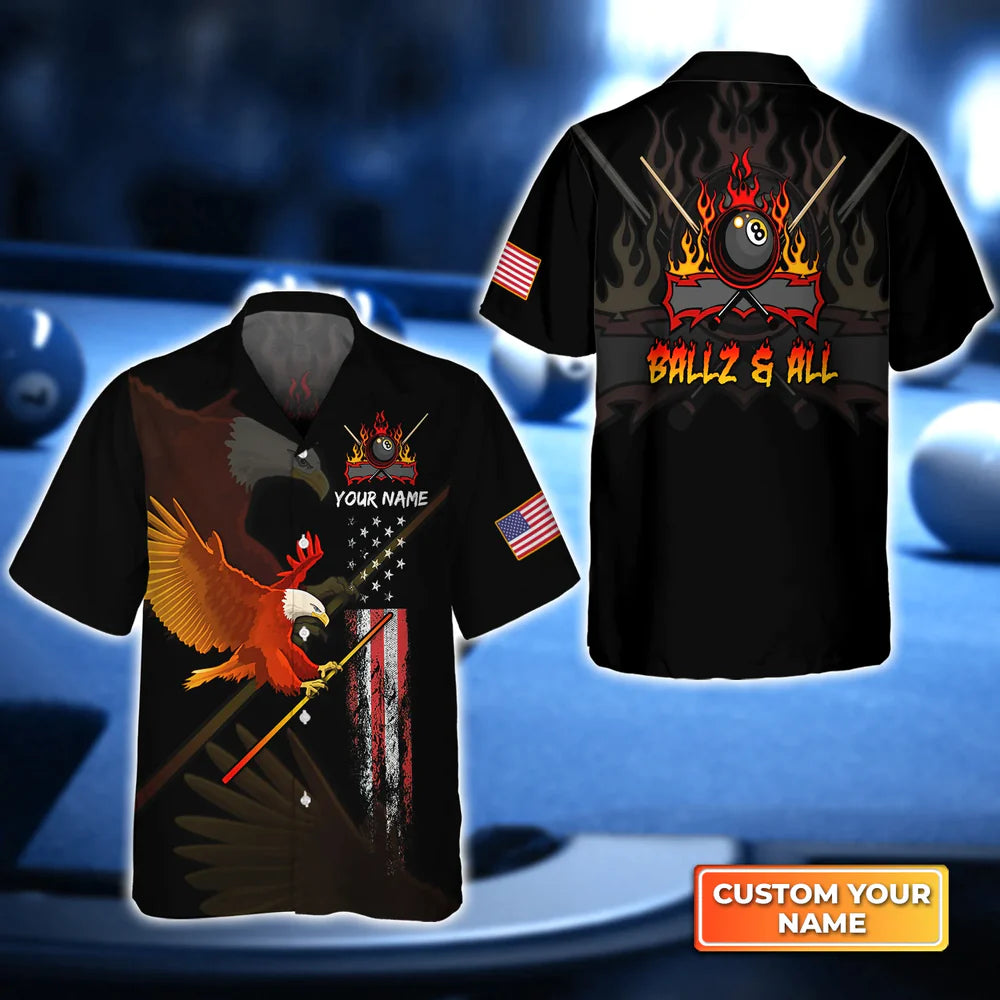 Eagle BALLZ & ALL Team Bones 8 Ball American Flag Billiards 3D Hawaiian Shirt, Gift For Billiard Players
