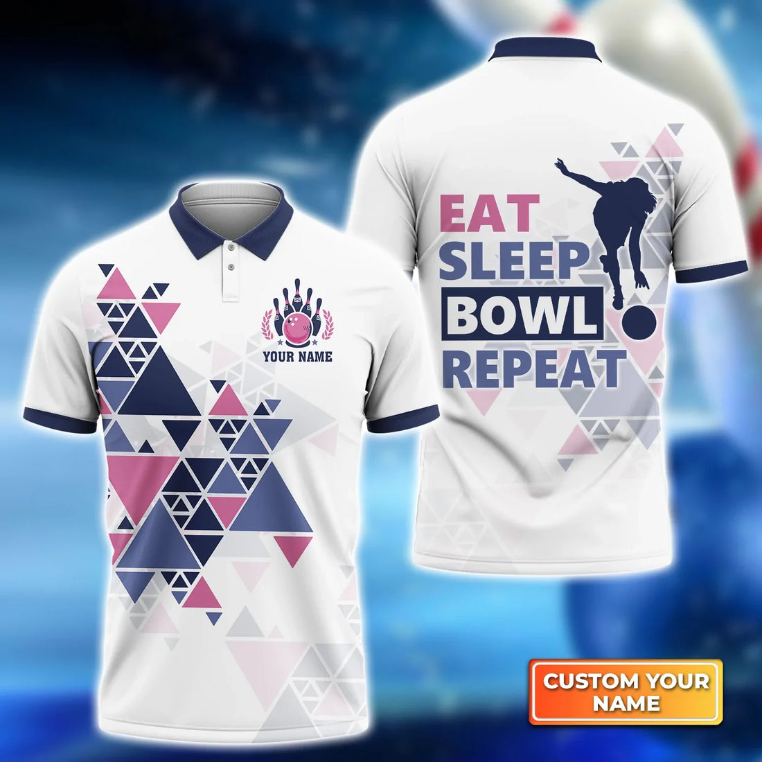 Bowling Party Neon with Purple Balls and White Pins on the Bright Pink 3D Polo Shirt, Bowling Team Shirts For Men And Women