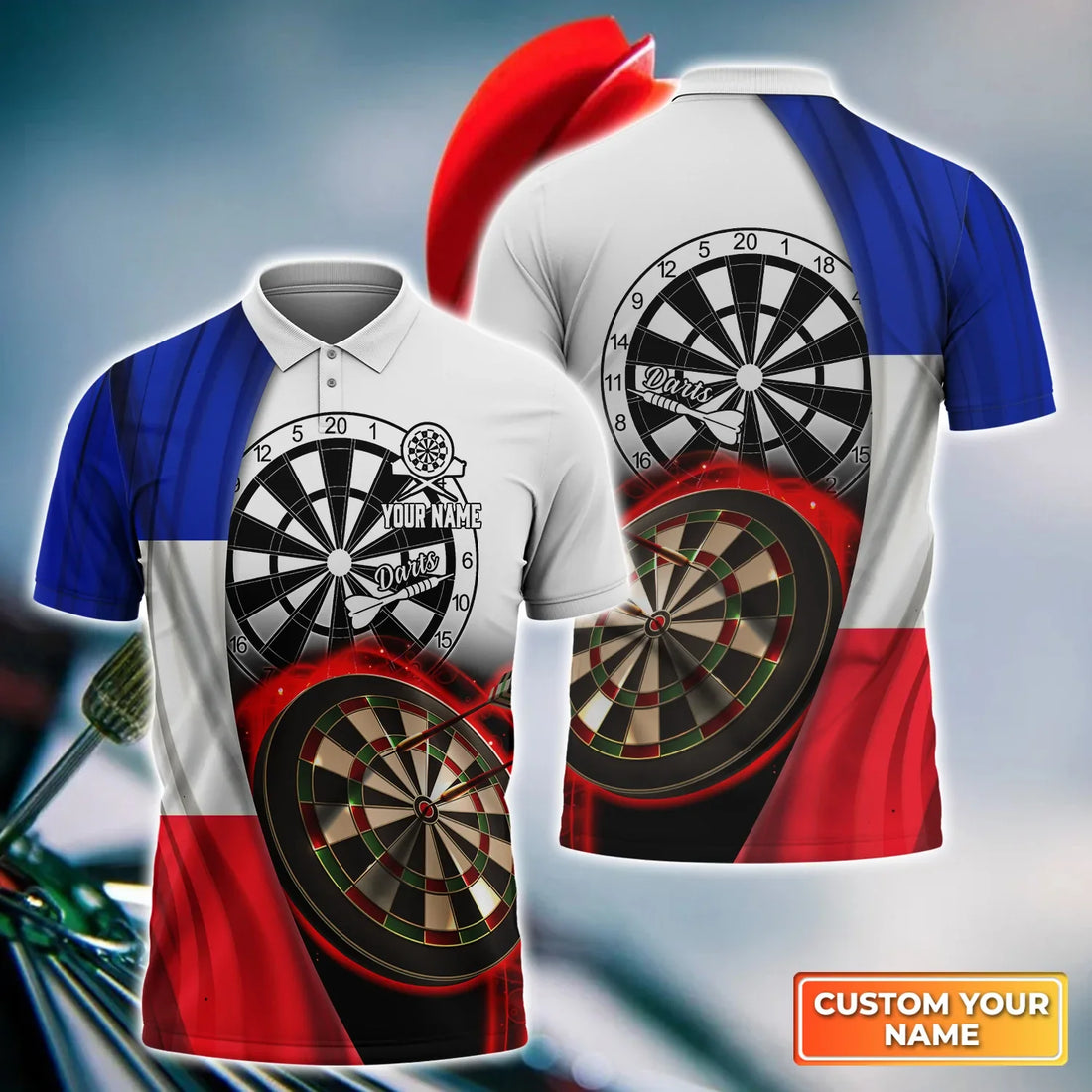 France Flag Dartboart Personalized Name 3D Polo Shirt, Gift For Darts Player, Dart Team Shirts, Polo shirt for men