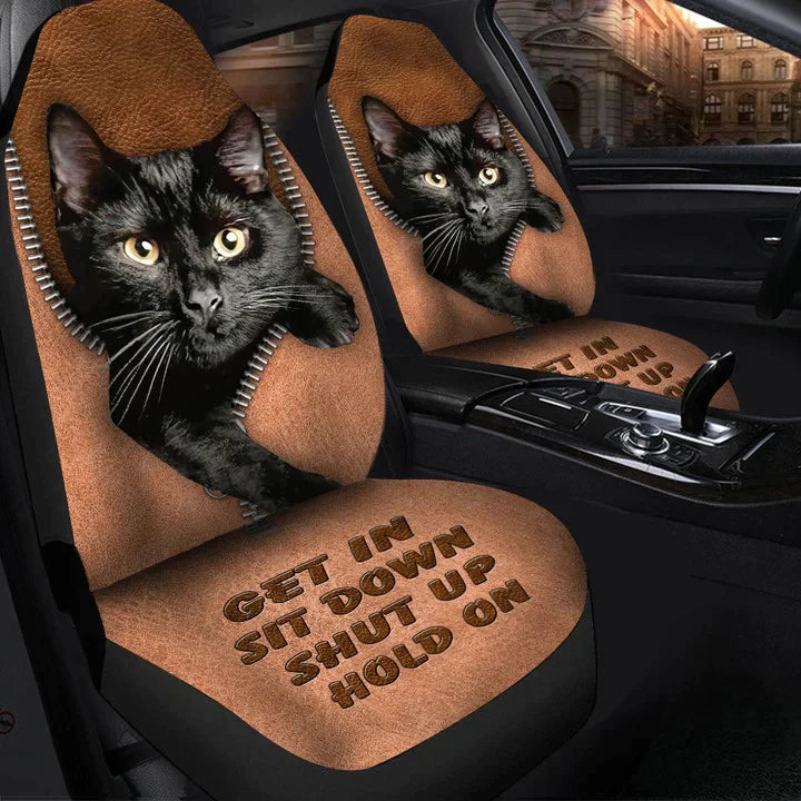 Funny Black Cat Hold on Car Seat Covers