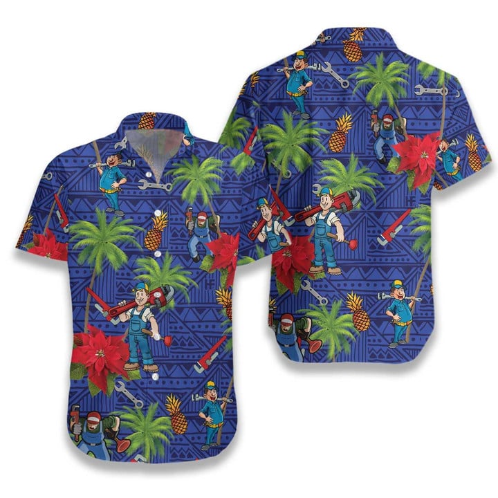 Funny Plumber Pineapple Coconut Tree Poinsettia Pattern Hawaiian Shirt