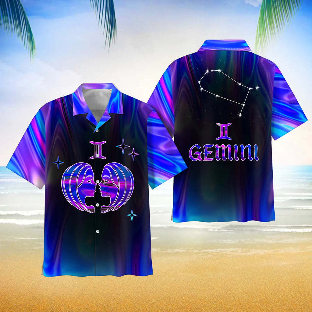 Gemini Zodiac UltraHolo Star Hawaii Shirt Button Down Short Sleeves Hawaiian Full Print Shirt