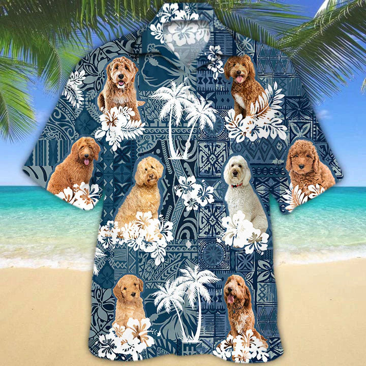 Goldendoodle Hawaiian Tropical Plants Pattern Blue hawaiian shirt