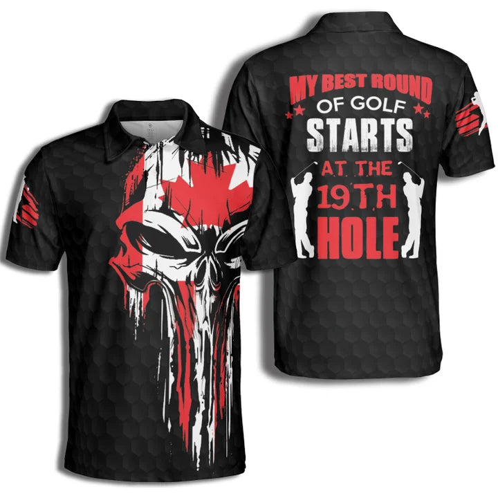 Golf My Best Round Of Golf Skull Canada Flag Polo Shirt For Men