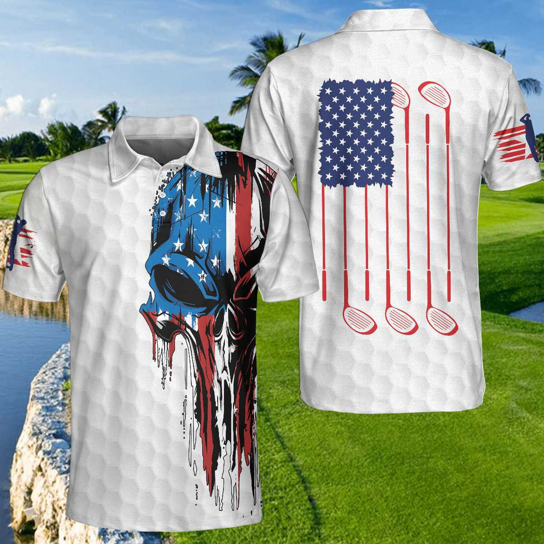 Golf American Flag Polo Shirt Patriot White Golf Pattern Wet Paint Skull Polo Shirt Patriotic Golf Shirt For Men - 1