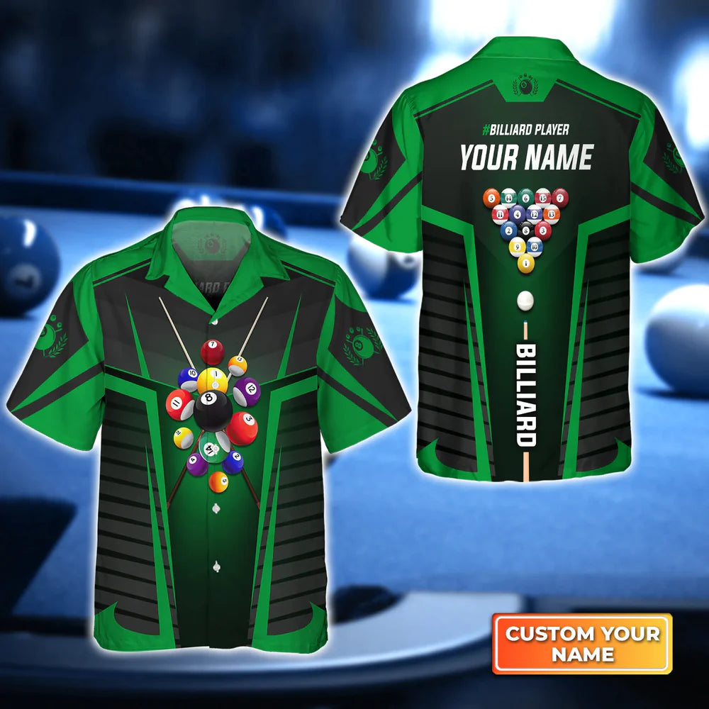 Green Billiard Balls Personalized Name Billiard Hawaiian Shirt, Gift For Billiard Players