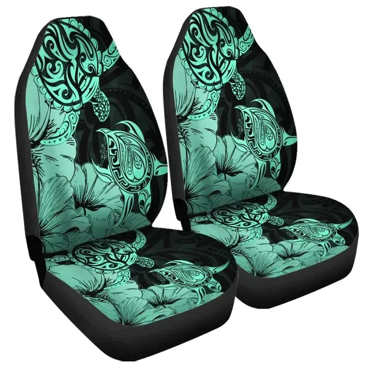 Hawaii Turtle Polynesian Hibiscus Art Turquoise In Black Printed Car Seat Covers