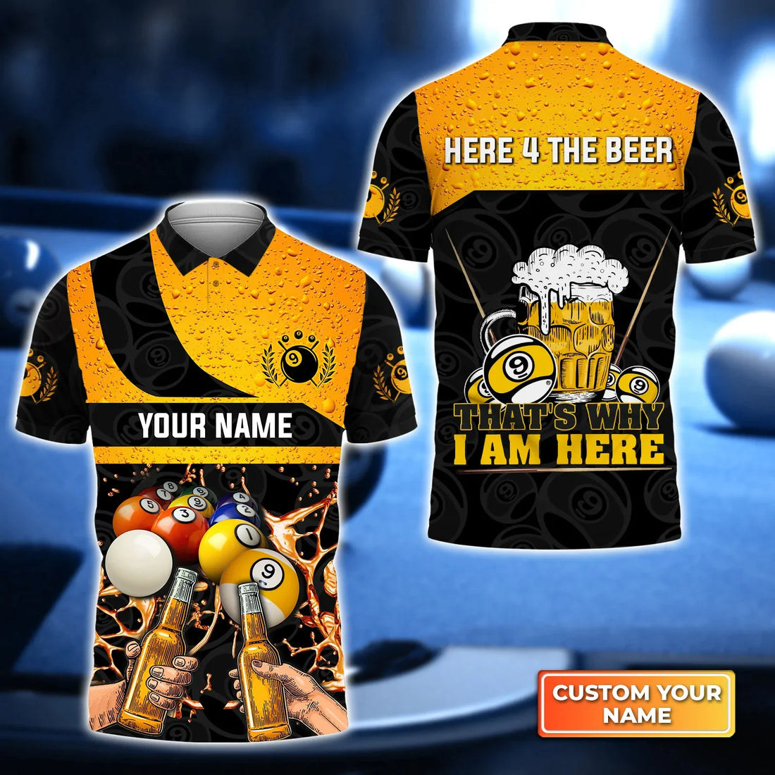 Blue Ver Eight-Ball Pool And Beer That's Why I Am Here Personalized Name 3D Polo Shirt, Gift For Billiard Players