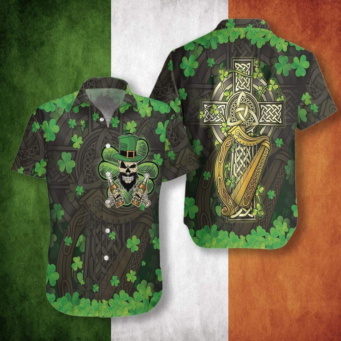 High Quality Beer And Skull Proud Irish People Celtic Cross Harp Patrick Green Hawaiian Shirts Hawaii Shirt