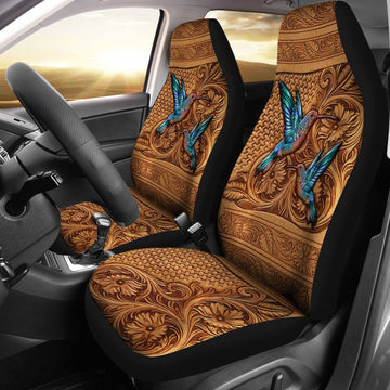 Hummingbird Leather Embossed Print Car Seat Covers, Car Seat Set of Two, Automotive Seat Covers Set