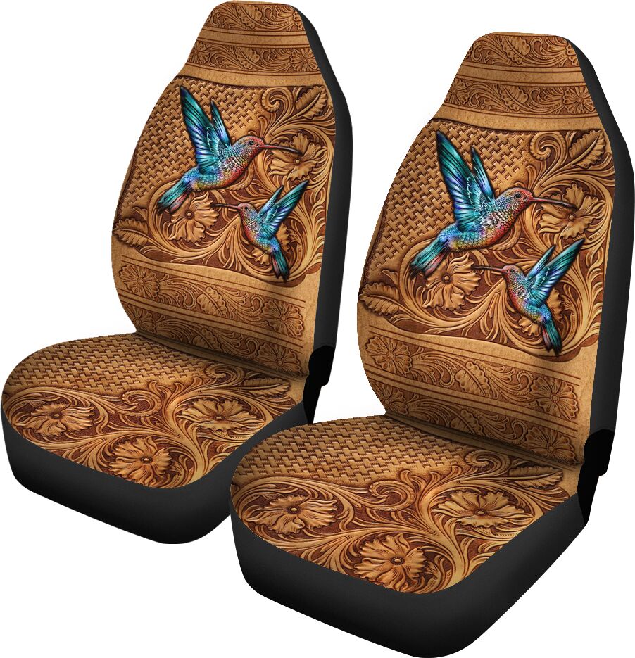 Hummingbird Leather Embossed Print Car Seat Covers, Car Seat Set of Two, Automotive Seat Covers Set