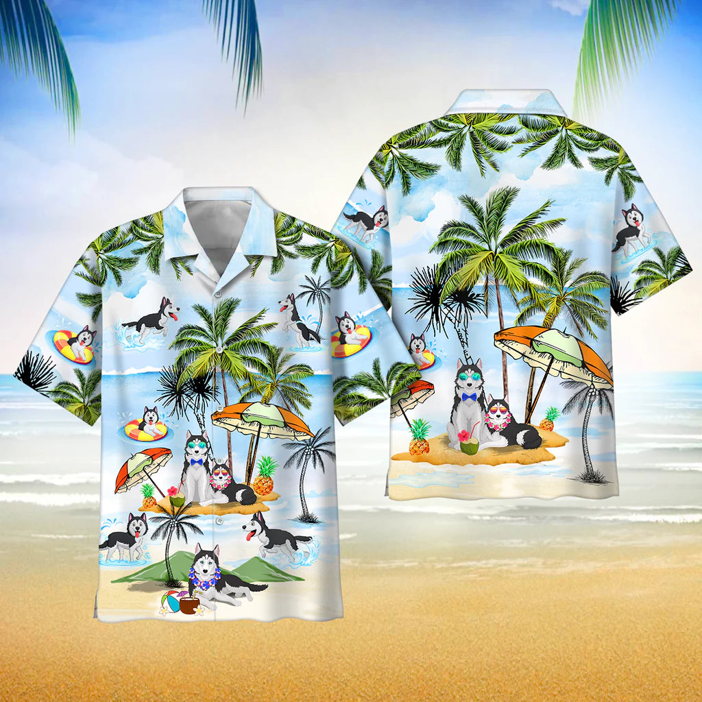 Husky Dog Happy Summer Funny Hawaii Shirt Button Down Short Sleeves Hawaiian Full Print Shirt