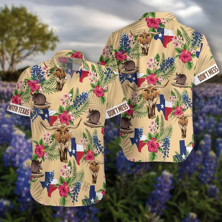 Insignia Bluebonnet Don't Mess With Texas Hibiscus Flower Armadillo And Longhorn 2D Printed Hawaiian Shirt