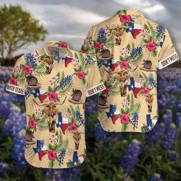 Insignia Bluebonnet Don't Mess With Texas Hibiscus Flower Armadillo And Longhorn 2D Printed Hawaiian Shirt