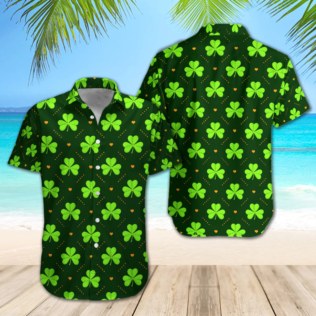 Irish Shamrock Rhombus Motif Shirt Regular Fit Short Sleeve Slim Fit Casual Full Print Shirt