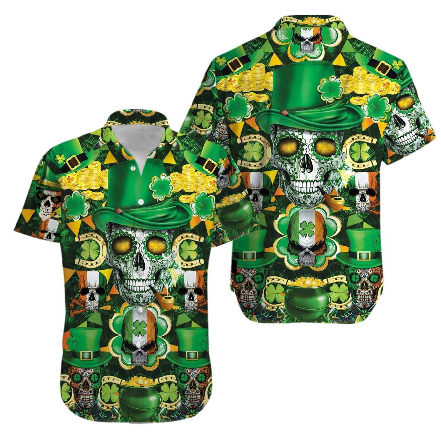 Irish Skull Rich St. Patrick Green Hawaiian Aloha Shirts Hawaii Shirt