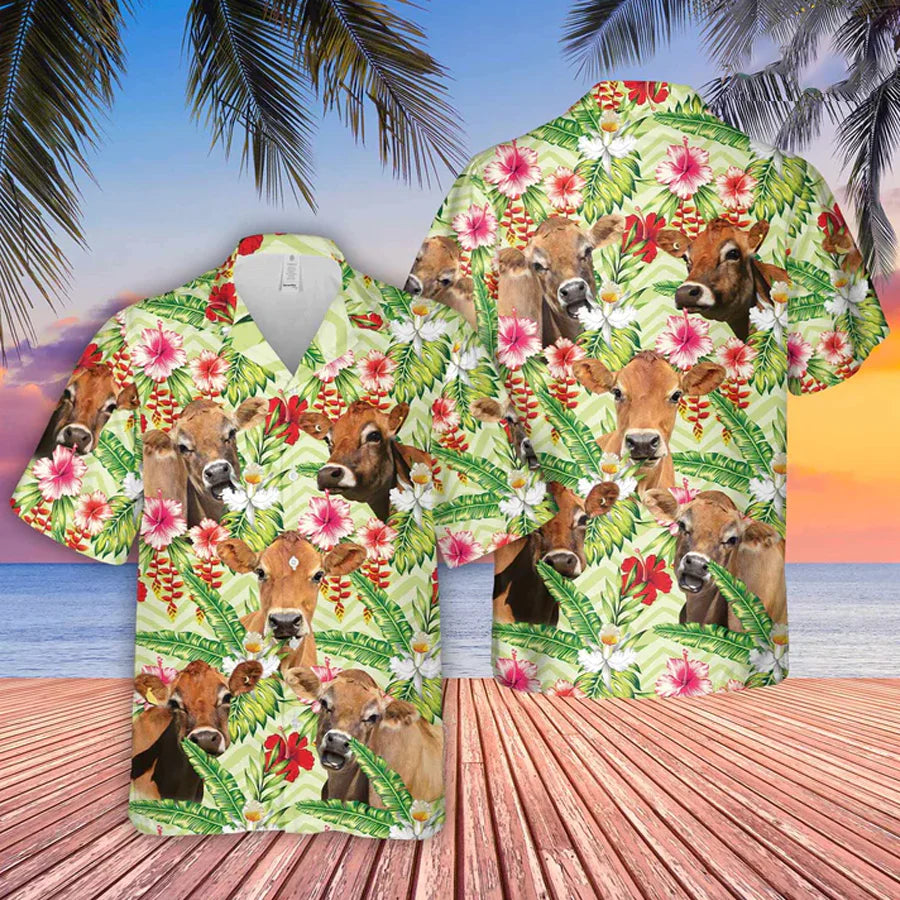 Jersey Hibicus Floral 3D Hawaiian Shirt, Farm Lover Hawaii Shirt, Hawaiian Casual Button Down Shirt