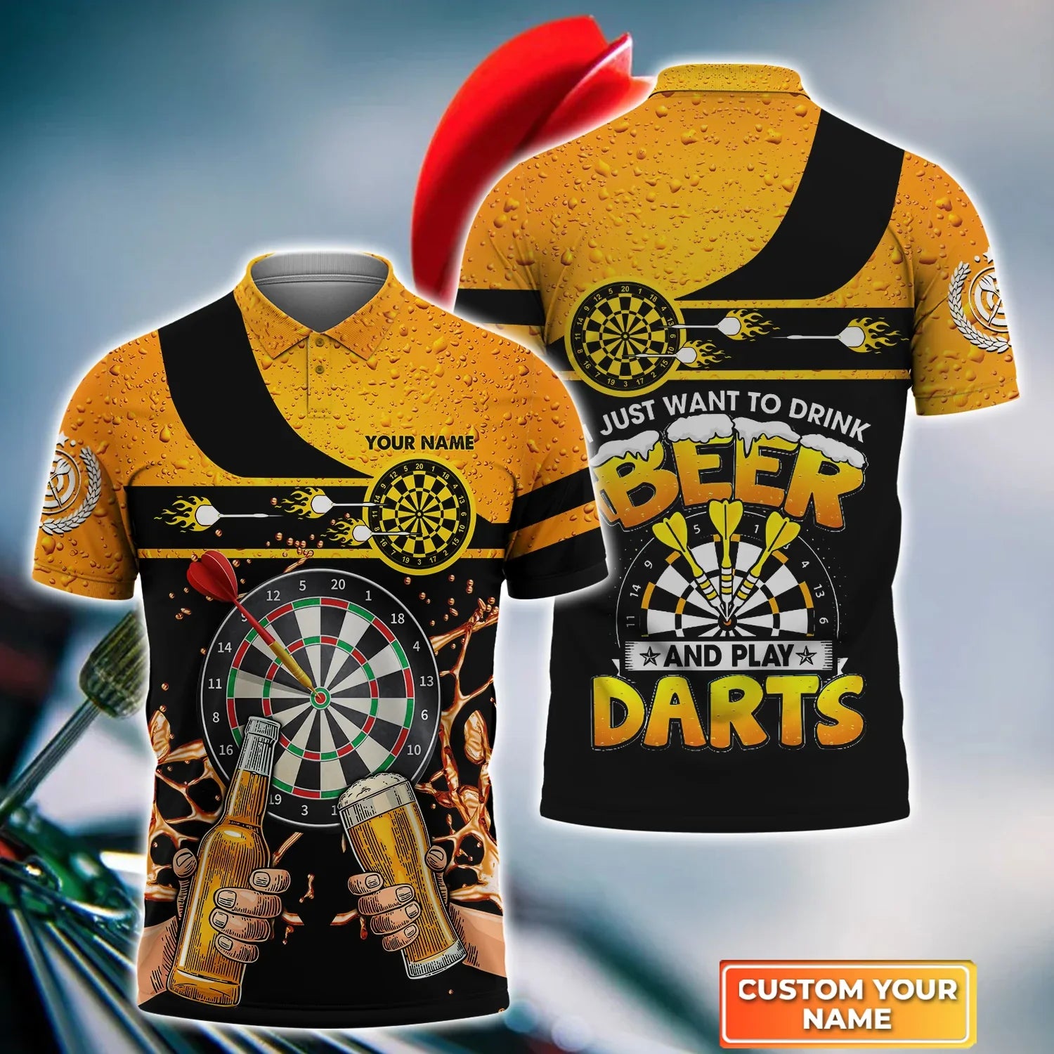 Just Want To Drink Beer And Play Darts Personalized Name 3D Polo Shirt For Darts Player, Dart Team Shirts, Polo shirt for men