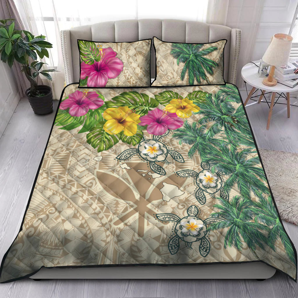 Kanaka Maoli (Hawaiian) bedding set, sea turtle tropical hibiscus tattoo beige