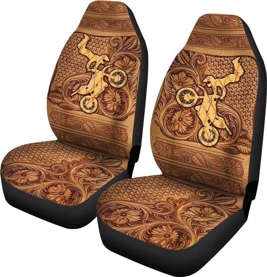 Motocross Leather Embossed Print Car Seat Covers, Car Seat Set of Two, Automotive Seat Covers Set