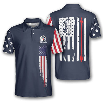 Navy American Flag Custom Archery Shirts for Men, Custom Archery Shirts for Team, Men's Archery Polo Shirts