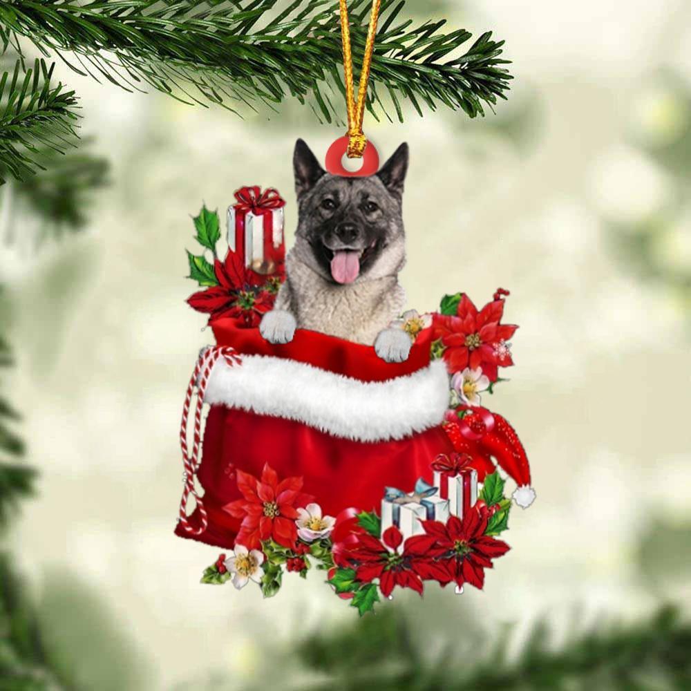 Norwegian Elkhound In Gift Bag Christmas Ornament, Gift For Dog Lovers