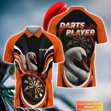 Orange Bullseye Dartboard Personalized Name 3D Swan And Darts Polo Shirt For Dart Team Player