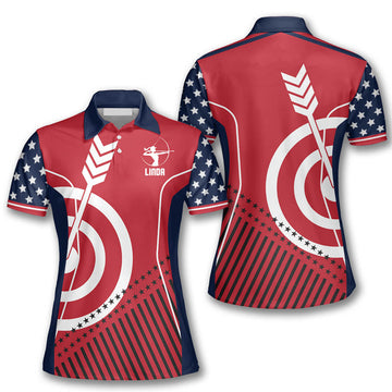 Patriotic American Flag Custom Archery polo Shirts for Women, Archery team shirt