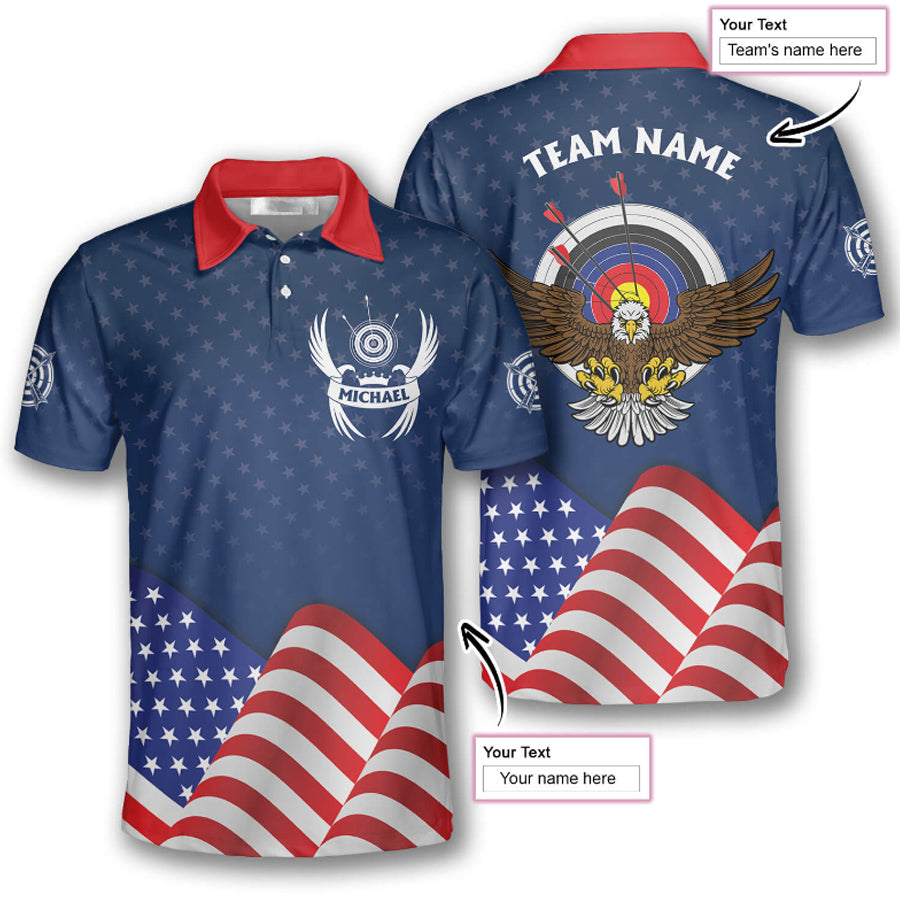 Patriotic Eagle Waving Flag Custom Archery Shirts for Men, Custom Archery Shirts for Team, Men's Archery Polo Shirts