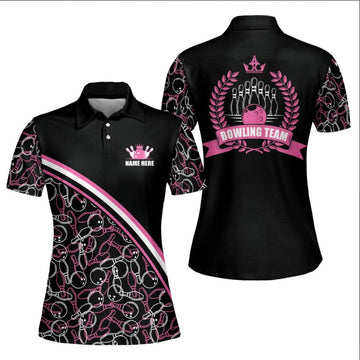 Personalized 3D Pink Bowling Queen Pin Pattern Jerseys Shirts, bowling polo shirt for Women