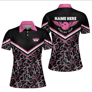 Personalized Pink Bowling Queen Pin Pattern Jerseys Shirts Polo for Women, bowling polo shirt for Women