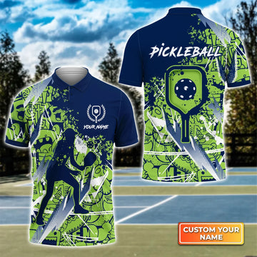 Pickleball - Scritch Woman Green Blue Pattern Personalized Name 3D Polo Shirt, Gift For Pickleball Player