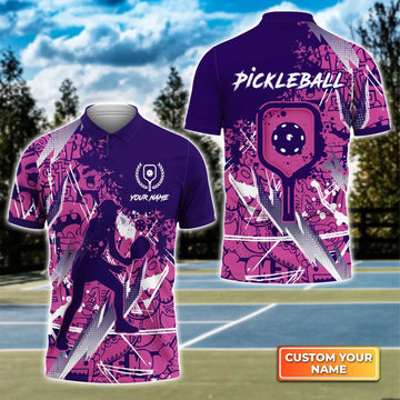 Pickleball - Scritch Woman Purple Pink Pattern Personalized Name 3D Polo Shirt, Gift For Pickleball Player