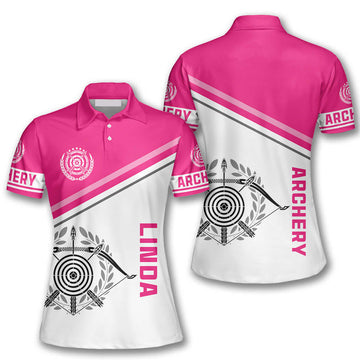 Pink White Version Emblem Custom Archery Polo Shirts for Women, Archery team shirt