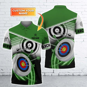 Green Polo Shirts For Archery Lover, Personalized Men’s Sports Polo Shirt, Customizable Name Shirt