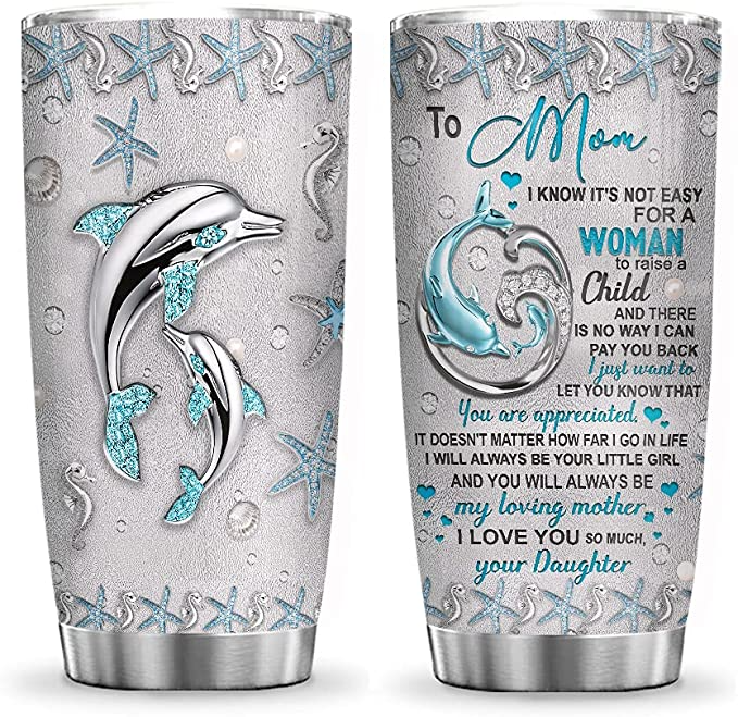 Printed To My Mom Dolphin Jewelry Style Tumbler Cup with Lid, Double Wall Vacuum Thermos Insulated Travel Coffee Mug