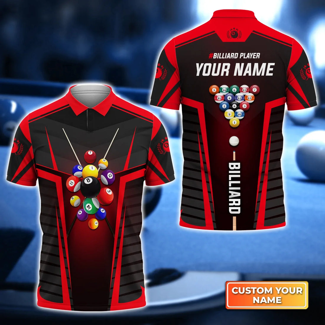 Unisex Funny Pool Balls Billiards Personalized Name 3D Polo Shirt, Gift For Billiard Players