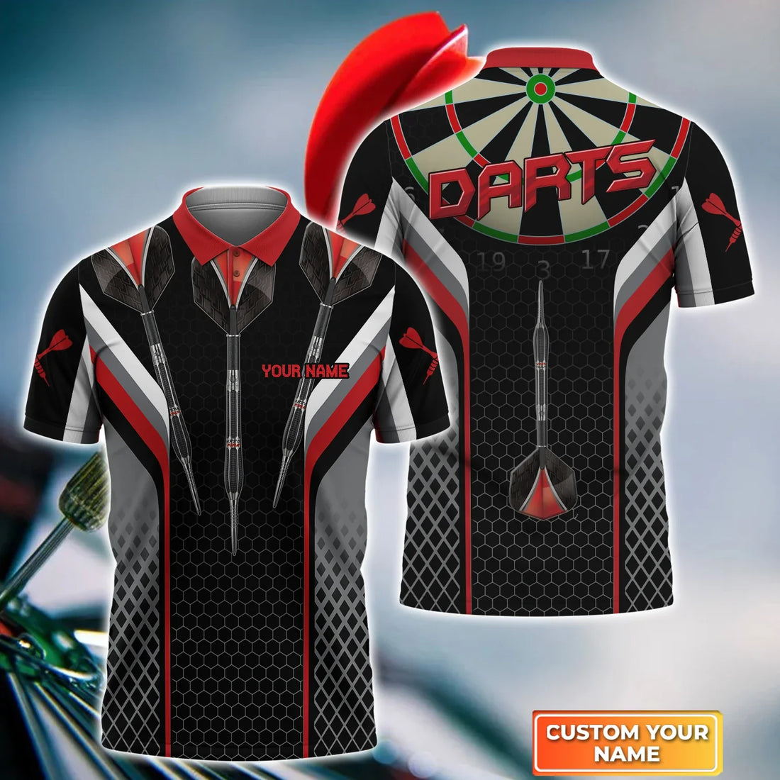 Darts Red Black Personalized Name 3D Polo Shirt For Darts Player, Gift For Darts Player, Dart Team Shirts, Polo shirt for men