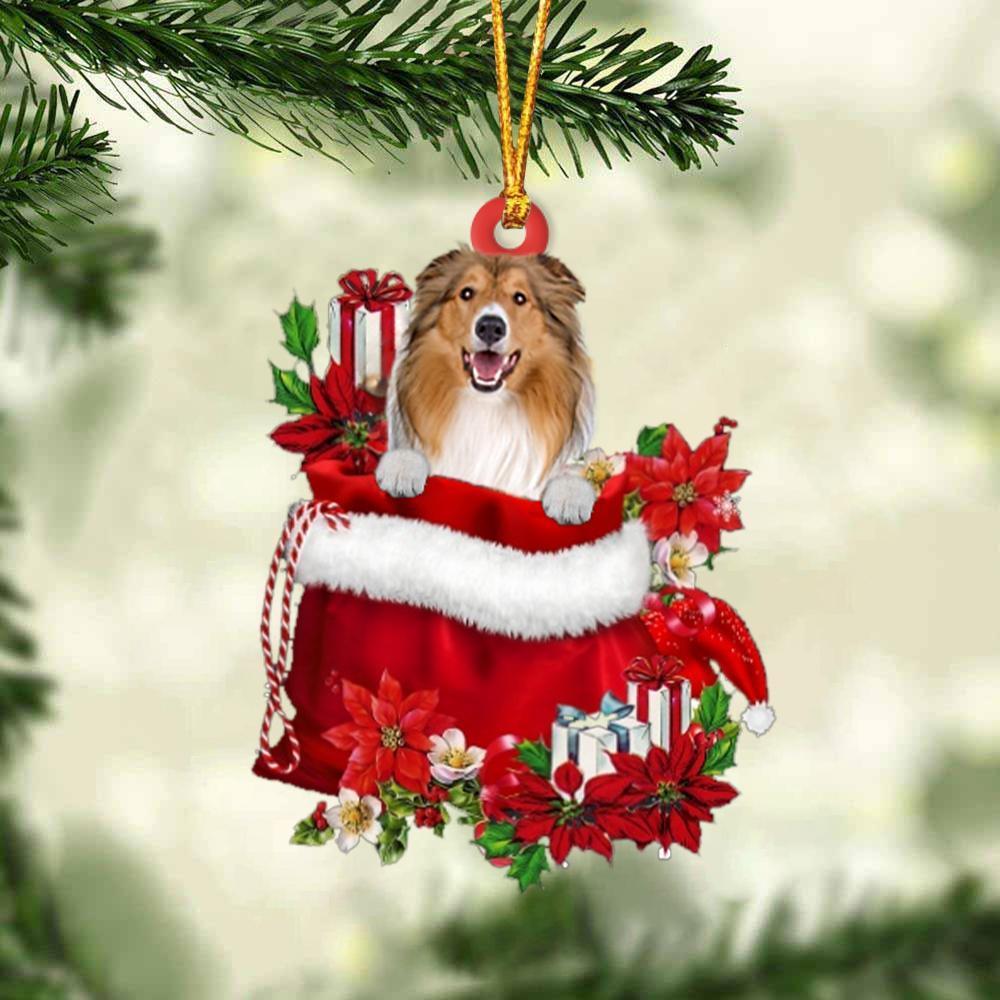 Rough Collie In Gift Bag Christmas Ornament, Gift For Dog Lovers