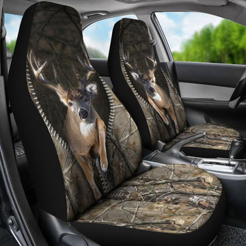 3D All Over Printed Deer Hunting Zipper Camo Car Seat Covers, Front Carseat Cover With Deer Hunting