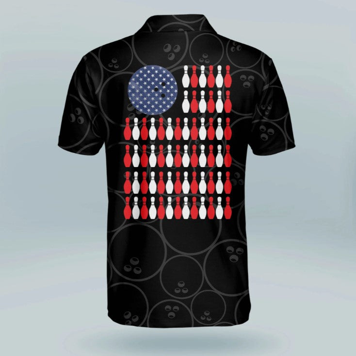 Black American Flag Polo Shirt, Bowling shirt for Men, Gift for bowling lover