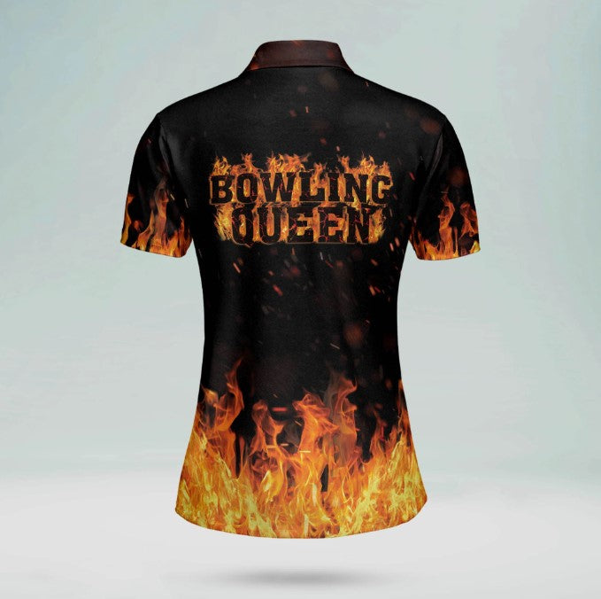 Bowling Queen Fire Flame Jerseys Polo Shirt, Short Sleeve Women Polo Shirt For Ladies