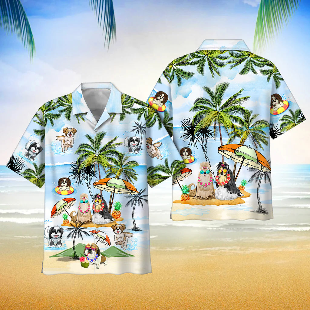 Shih Tzu Dog Happy Summer Funny Hawaii Shirt Button Down Short Sleeves Hawaiian Full Print Shirt