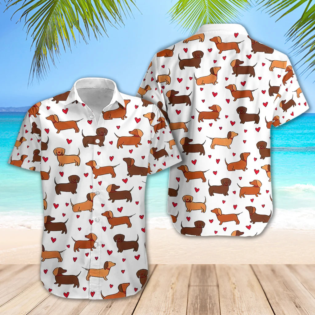 Small Dachshund Sausage Dog Pattern Hawaii Shirt Button Down Short Sleeves Hawaiian Full Print Shirt