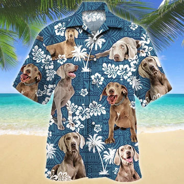 Smart Weimaraner Dog Lovers Blue Tribal Hawaiian Shirt- Summer Button Down Mens Hawaiian Shirts Short Sleeve